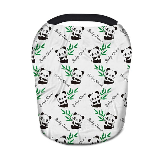 Personalized Cute Panda Baby Car Seat Covers with Name, Custom Nursing Cover Breastfeeding Scarf Soft Breathable Stretchy Coverage, Infant Stroller Cover for Boys Girls