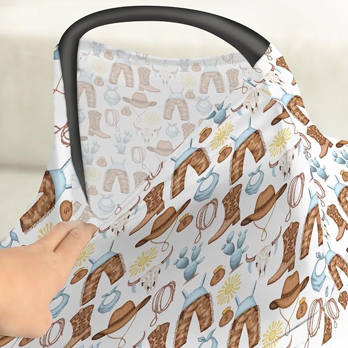Blue Western Cowboy Baby Car Seat Covers for Boy Cute Cowboys Boots Hat Horse Cactus Sun Cow Skulls Stretchy 5-in-1 Cover Country Adjustable Car Canopy Cover Wild West Breathable Nursing Cover-Up