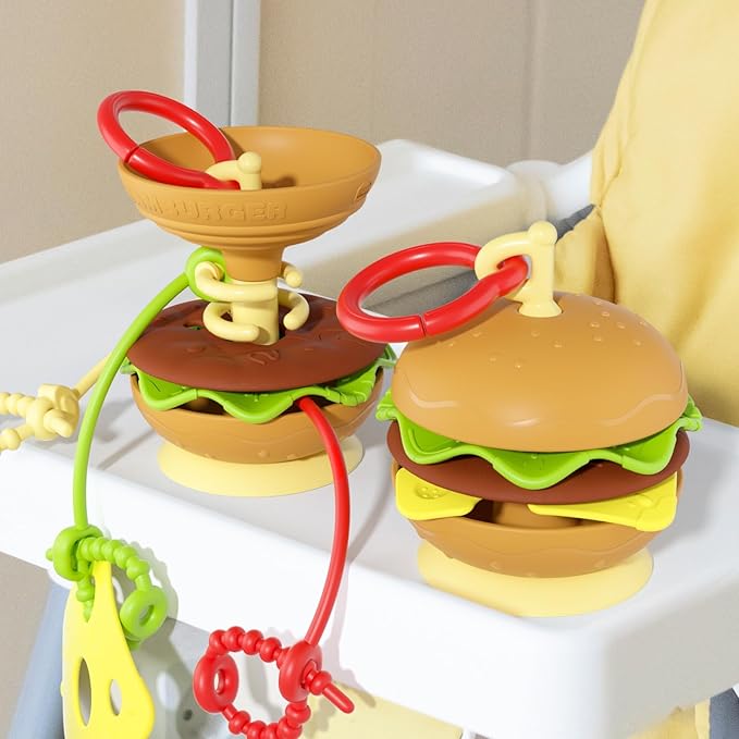 Aprilwolf Hamburger Suction Cup Toys Holder for High Chair, Stroller Baby Toys 6-12 Months & Toddlers, 3 Tethers Keep from Falling, Great for Restaurant & Car Seat Airplane Travel