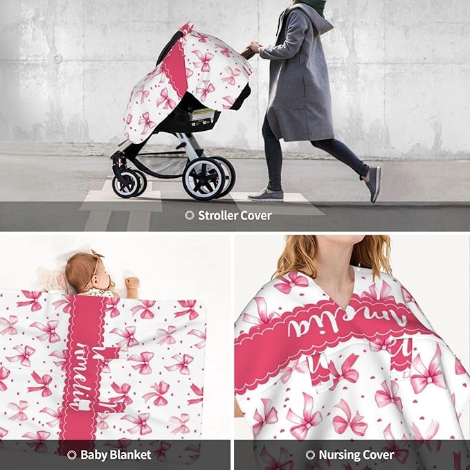 Personalised Baby Car Seat Cover with Name, Customized Bows Carseat Covers for Girls, Windproof Sun Protection Baby Carseat Canopy, Multi-use Nursing Breastfeeding Covers for Infant