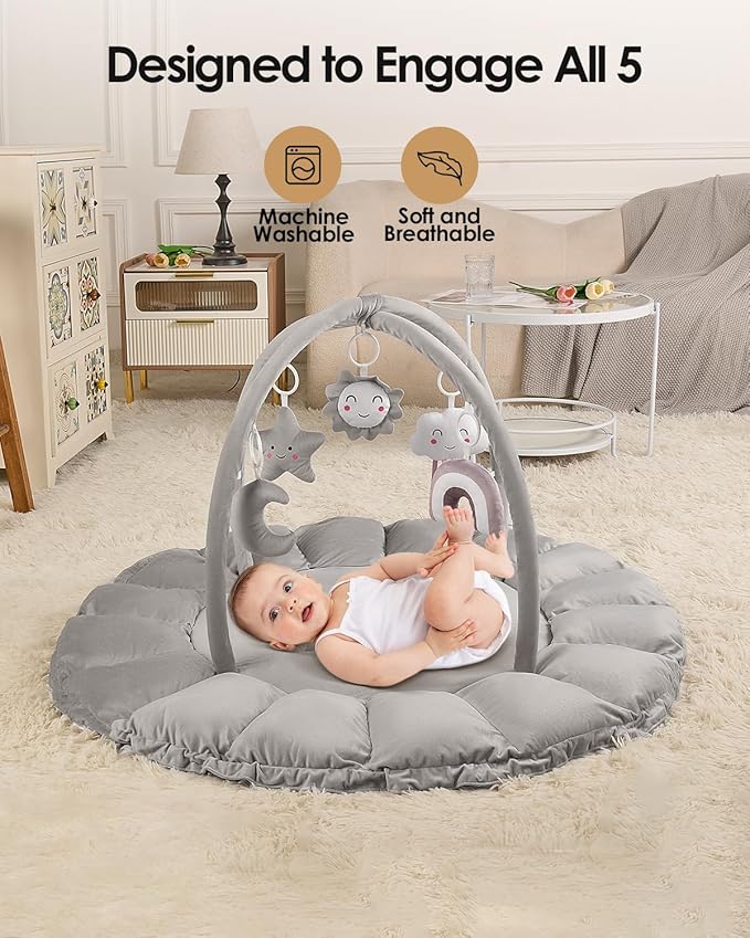 5-in-1 Convertible Baby Gym Play Mat with Hanging Toys, Soft Padded Activity Center & Ball Pit, Plush Tummy Time Mat for Newborns to Toddlers, Machine Washable, Gray