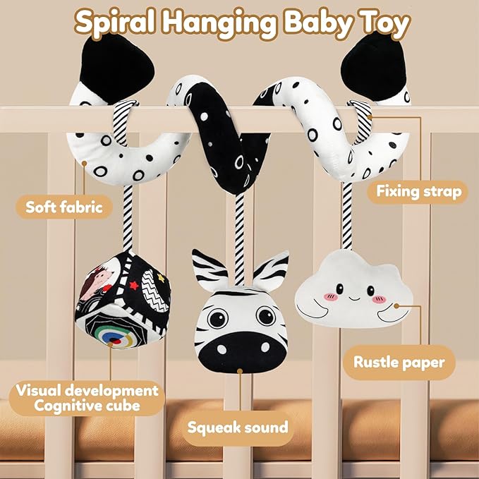 GKDOMS Baby Spiral Hanging Stroller and Car Seat Toys Black and White High Contrast Sensory Toy Newborn Plush Activity Toys Party Favors Gifts for Baby Shower -Zebra
