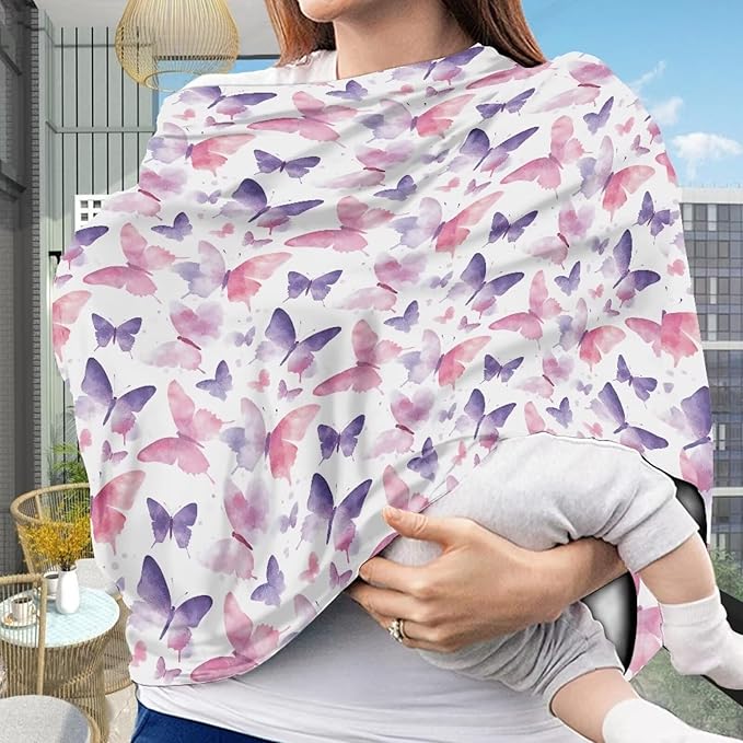 AFPANQZ Butterfly Nursing Covers for Newborns Baby Car Seat Covers for Baby Girls, All Season Baby Carseat Canopy Cover Ups Breastfeeding Scarves Breathable