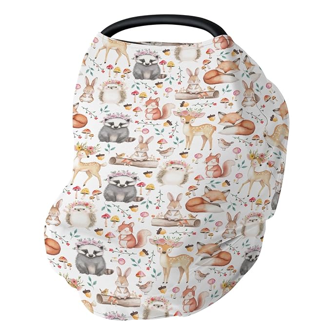 Watercolor Spring Forest Animals Floral Baby Car Seat Covers Deer Hedgehog Squirrel Rabbit Bird Mushroom Stretchy 5-in-1 Cover Adjustable Car Canopy Breastfeeding Covers Breathable Nursing Cover-Up