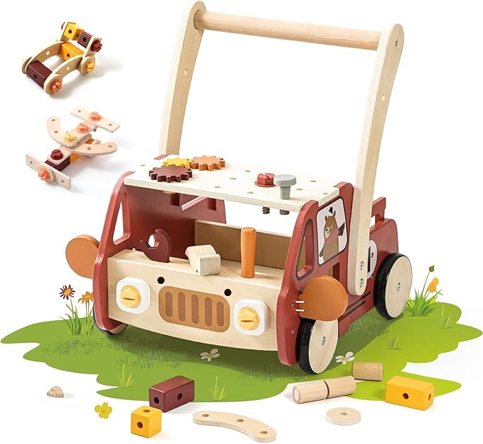 OESSUF 2-in-1 Wooden Baby Walker with 40 PCS Tool Toys – Baby Push Walker for 6-12 Months, Activity Center for Toddlers Aged 1-3 Years, Montessori Toy for Boys and Girls (Red)