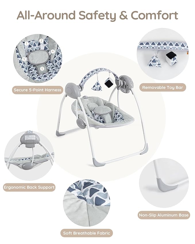 Baby Swings for Infants, Portable Baby Swing Folds Easy with Adaptable Speed, Music,Timer,Baby Swing Indoor/Outdoor,Infant Swing for Babies 0-6 Months 6-20 lbs Grey