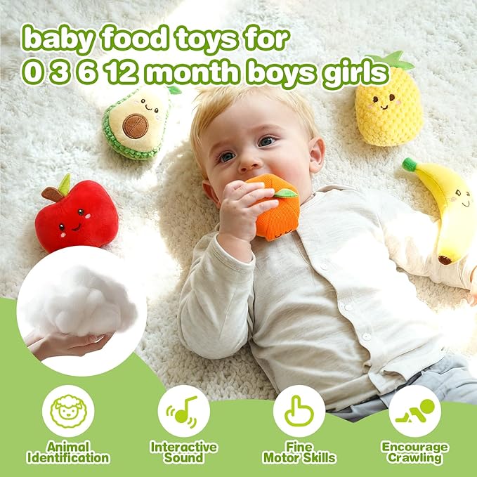Baby Sensory Toys, Montessori Learning Basket with Soft Sorting Play Food, Crinkle & Rattle Toys for 6-12 Months Infants, Fine Motor Skills Gift for 1 Year Old Boys Girls Sorting & Stacking Toys