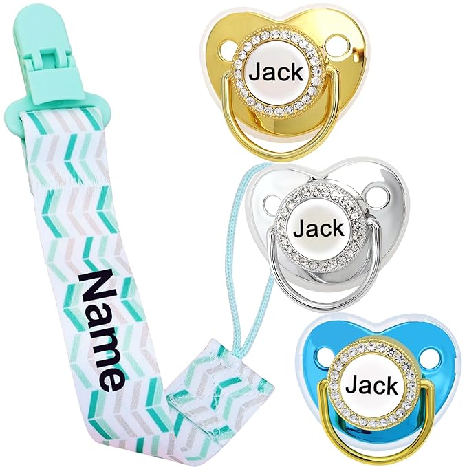 4Pcs, Personalized Pacifier with Name, Custom Pacifier Clip, Baby Gift for Newborn Boys and Girls, Accessory Baby Stuff with Name (0-6 Months) (Green)