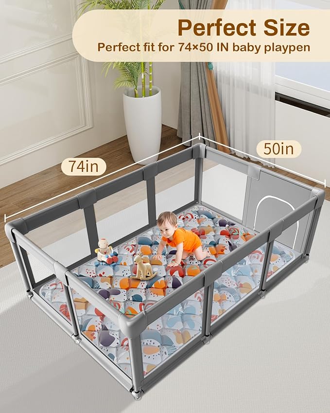 Jaobeem Baby Play Mats for Floor, Foldable 74x50 Playpen Mat Grey, Thicken Cushioning Padding Playmate for Baby and Toddlers Infants, Non-Slip, Machine Washable, Easy to Store