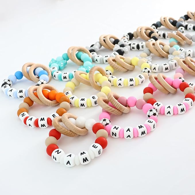 Personalized Baby Teether Rattle Rings, Colorful Styles, Custom Stylish Baby Accessories (Grey)