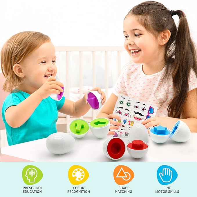 12 Pcs Plastic Easter Eggs Toys for Toddlers 1-3, Shape Sorter Puzzle Montessori Toys Color Matching Game Learning Activities Baby Easter Basket Stuffers Gifts for Kids 1 2 3 Year Old Girl Boy