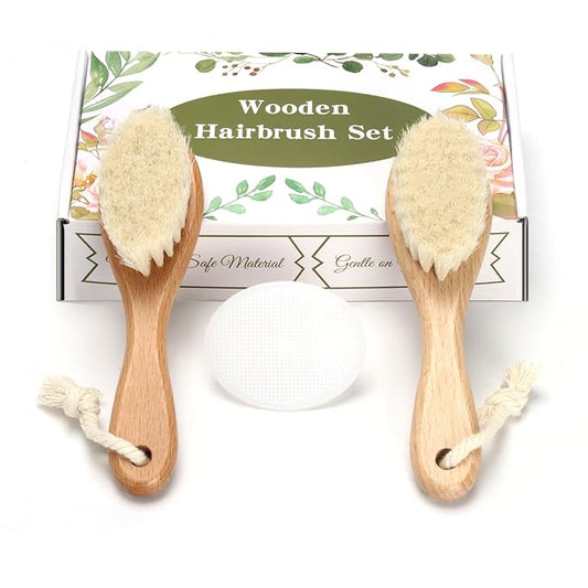 Baby Hair Brush, 2PCS Wooden Goat Bristles Hair Brush with Silicone Hair Scrubber Cradle Cap Brush for Newborn, Toddler, Boys, Girls Perfect Scalp Grooming Product (White)