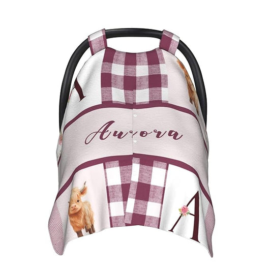 Personalized Highland Cow Carseat Cover for Baby Custom Name Car Seat Canopy for Newborn Baby Boys Girls 2 in 1 Mom Nursing Breastfeeding Covers Minky Baby Carrier Stroller Covers