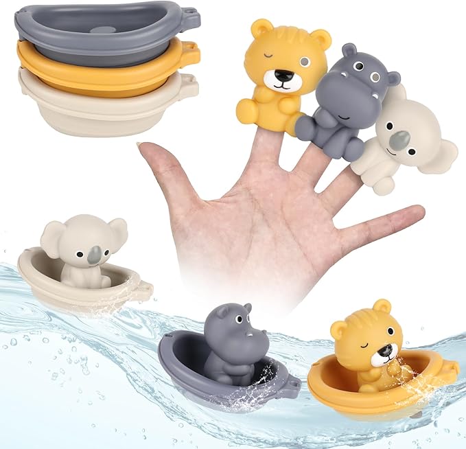 Bath Pool Toys for Toddler, Stacking Toy with 3 Boat 3 Sensory Finger Puppets, Toddler Toys Gifts for 2-4 Year Old Boy Girl, Model B
