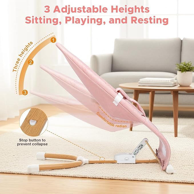 Portable Baby Bouncer, Bouncer Seat for Babies 0-12 Months, 3 Recline Positions, Foldable Baby Rocker Chair with Removable Wooden Bar, Pink