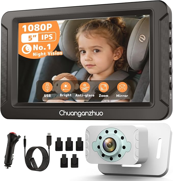 S100C Baby Car Camera with Crystal Clear Night Vision in Total Dark, USB Powered, Adjust Brightness & 1080P 5" IPS Monitor, 3X Zoom & 360° Rotating Car Seat Camera for Rear or Forward-Facing Infant