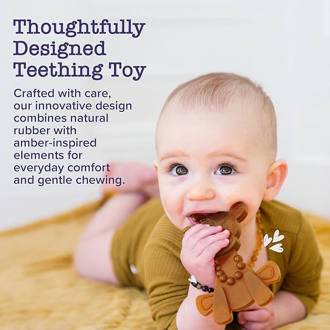 Bambeado LittleBamber Baby Teething Toy - Made with Natural Rubber & Amber Elements - Gentle Support, Easy to Hold, Simple to Clean - Cute Giraffe Teether Toy - Alternative to Amber Teething Necklace