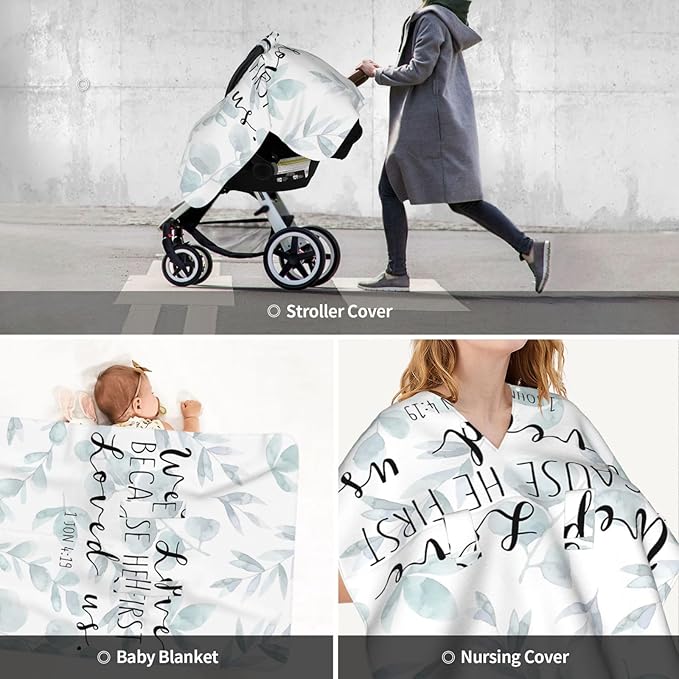 Bible Verse - 1 John 4 19 Breathable Baby Car Seat Cover & Nursing Cover - Multi-Use Stretch Fabric for Breastfeeding, Stroller Sunshade, Shopping Cart Cover