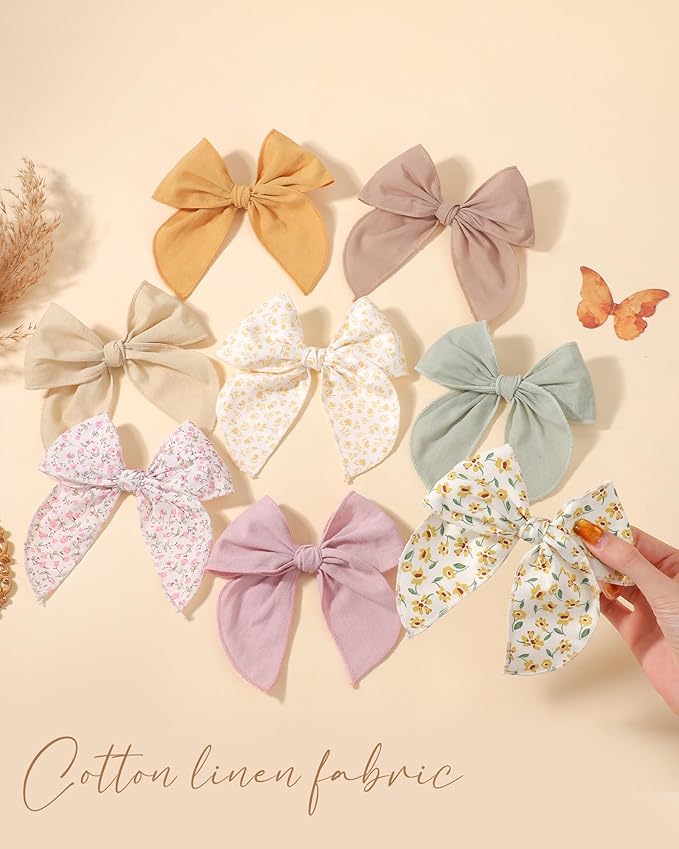 doboi 8PCS Baby Girls Hair Clips Fable Hair Bows Cotton Linen Bows for Girls Hair Accessories for Baby Toddlers Kids-Floral