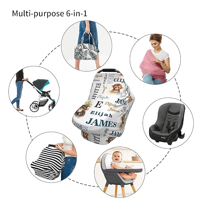 Personalized Car Seat Covers for Babies with Name – Multi-use Breastfeeding Cover Custom Monkey Carseat Canopy Cover, Infant Stroller Covers for Boys and Girls