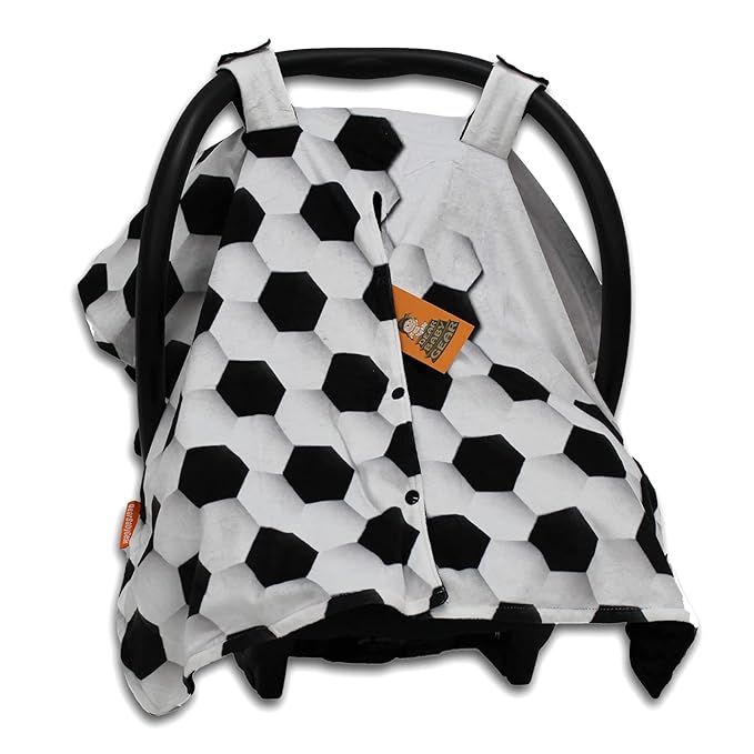 Dear Baby Gear Car Seat Canopy, Soccer Ball and Soccer Pattern on White, Black Lightweight Double Layer Dot