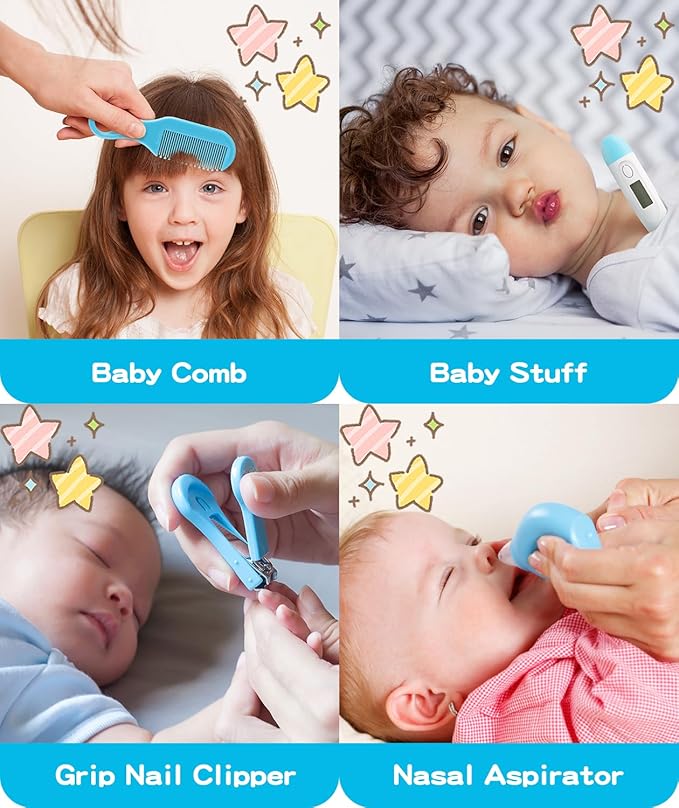 Baby Grooming and Healthcare Kit, Portable Baby Safety Care Set with Hair Brush Comb Nail Clipper Nasal Aspirator for Nursery Newborn Infant Girl Boy (25 in 1 Blue)