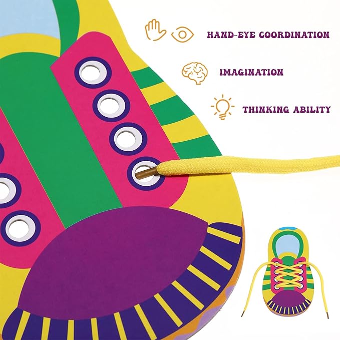 LUOZZY 10 Sets Shoe Trying Practice for Kids Shoelace Threading Teaching Toys Learn to Tie Shoelaces Toy Fine Motor Skills Toy Threading Game for Kids, Random Color