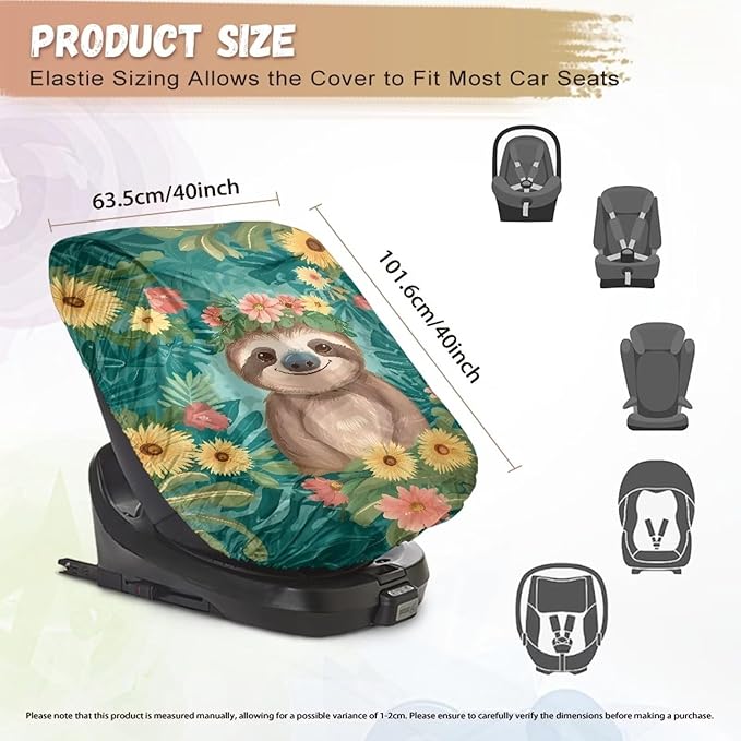 XYZCANDO Sloth Print Carseat Cover for Baby Cartooon Baby Car Seat Cover with Elastic Edge Foldable Summer Carseat Cover Protect from Sun/Hot Days Breathable Car Seat Sun Cover for Baby