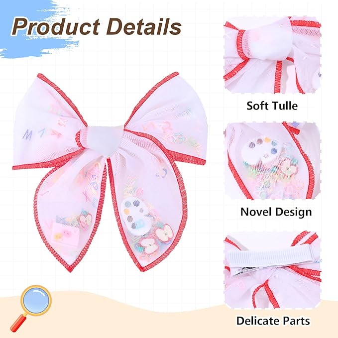 CN 6 PCS Back to School Tulle Hair Bows for Girls, Pencil Bows with Glitter Letter Alligator, Colorful School Hair Barrettes Yellow Hair Ornaments Accessories for Little Girls Toddler Teens