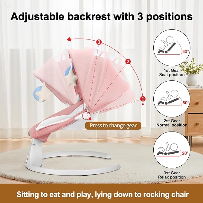 Baby Swing 3 in 1 Multifunctional Infant Rocker, Portable with Remote Control, 5-Point Seat Belt, 5 Auto Rocking, 3 Speed Timer, Electric with Music (0-12 Months) (Pink)