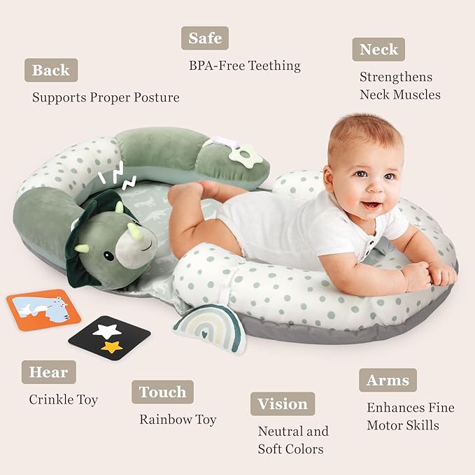 Foryoomi 4 in 1 Tummy Time Mat with Educational Cards, Play Mat & Sitting Support for Newborn 0-12 Months, Infant Baby Sit Me Up Floor Seat, Sensory Skills Gifts, Dinosaur