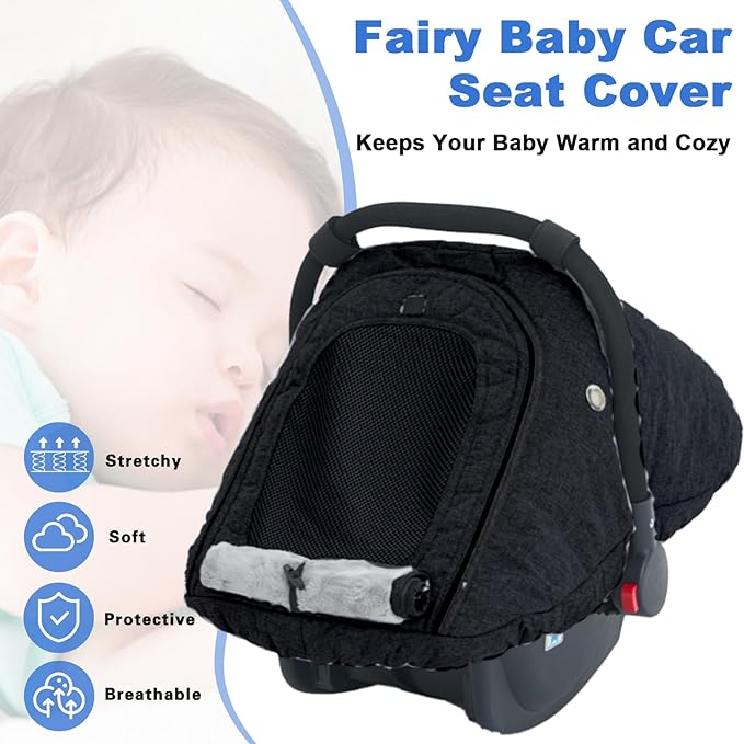 Fairy Baby Winter Car Seat Cover for Baby Carseat with Mesh Window(Black),Infant Warm&Cozy Car seat Covers Baby for Travel, Waterproof CarSeat Cover for Babies.