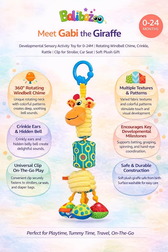 Balibazoo Gabi The Giraffe Hanging Baby Toy for 0-24M - 360° Rotating Neck | Deep Chime, Crinkle, Rattle, BPA-Free Material | Clip for Stroller, Car Seat | Soft Plush Sensory Newborn Gift