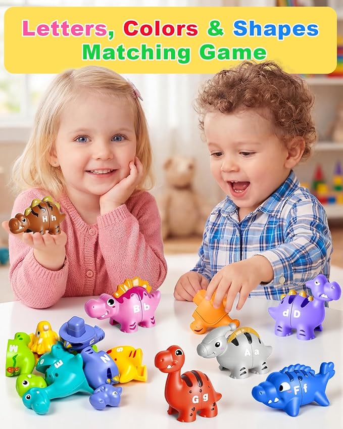 52 PCS Dinosaur Alphabet Learning Toys for Toddlers Kids 3-5, 10 Different Dinosaur Figures, Double Sided ABC Matching Game, Preschool Activities Montessori Fine Motor Toys for Toddlers Kids