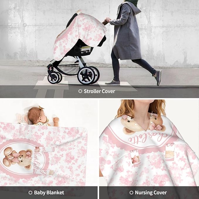 Bear with Pink Bow Custom Name Baby Car Seat Cover – Personalized Nursing Cover for Breastfeeding, Stroller Canopy, Privacy Infant Carseat Canopy, Soft Breathable Newborn Blanket for Girls