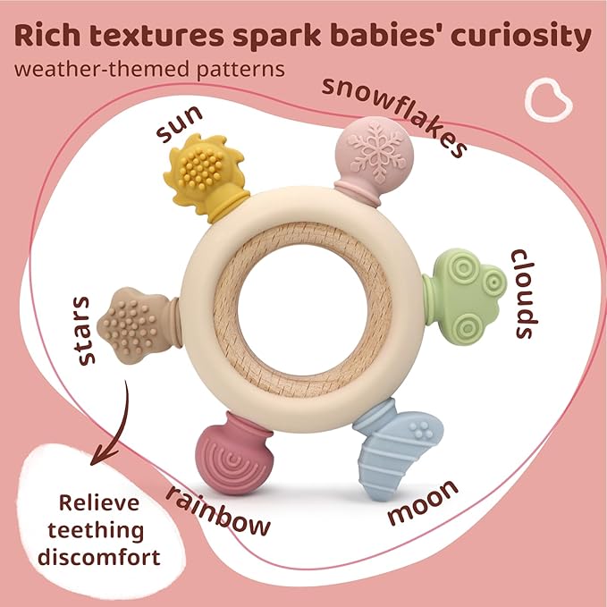 3Pcs Baby Silicone Teether Toy Set - Food-Grade Silicone Teething Relief Toys,Wooden Ring Teether Cute Bear Toy and Toy Straps for Babies 3-12 Months(Pink)