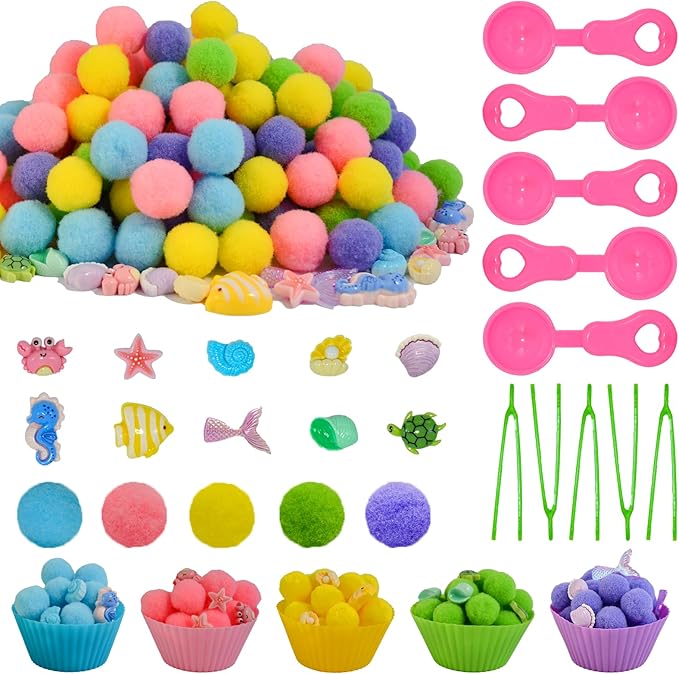 185pcs Summer Ocean Animal Sensory Bin Filler Fine Motor Toys Ocean Animals Sensory Bin Items Resin Crab, Starfish, Sea Snail, Pearl Shell Pom Poms for Preschool Education Counting Sorting