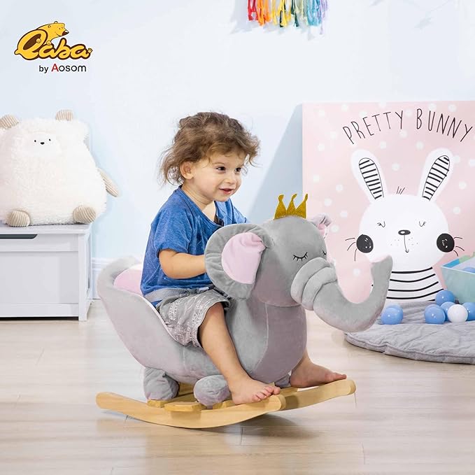 Qaba Baby Rocking Horse Elephant Rocking Chair Toddler Rocker Toy with Sound Wooden Base Seat Safety Belt for 1.5-3 Year Old, Gray