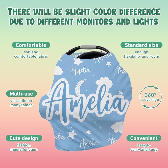 Custom Car Seat Covers for Babies - Breathable Baby Car Seat Cover for Girls Boys, Kick-Proof Newborn Carrier Light Blue Star Canopy Stretchy Stroller Cover for 4 Seasons