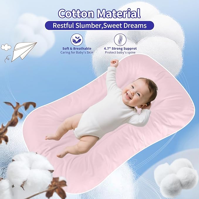 Baby Lounger 0-24 Months 100% Cotton-Snuggle Cozy Me Lounger,Soft & Breathable Baby Lounger for Newborn Play Mat,Infant Babies Essentials Gifts,Pink(Lounger Cover Included)