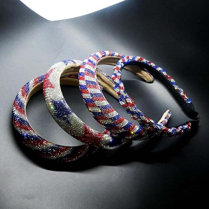 4th of July Rhinestone Headbands for Women Girls Padded Headbands for Girls Red Blue White Rhinestone Sparkle Head Band Patriotic Hairbands 4th of July Hair Accessories
