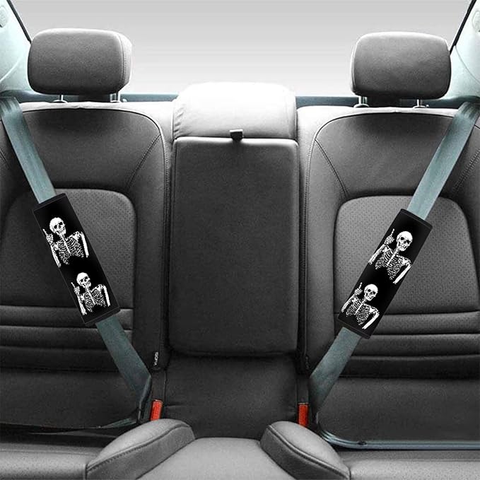 Biyejit Funny Skeleton Skull Car Seat Belt Covers Set of 2, Car Accessories Protector Soft Seatbelt Strap Shoulder Pad for Bags Backpacks