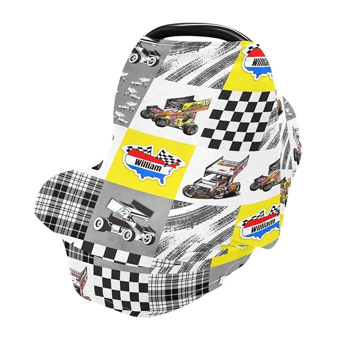 Personalized Baby Car Seat Cover for Babies, Custom Name Baby Car Seats Canopy for Boys Girls, Nursing Breastfeeding Stroller Covers for Infant Newborn, Shower Gift for Baby (Racing Car)