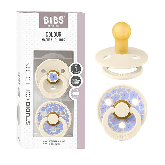 BIBS Pacifiers - Studio 2 Pack | Round Nipple Baby Pacifier | BPA Free Natural Rubber Latex Soother | Made in Denmark | Size 0+ Months | Jasmine Ivory Mix