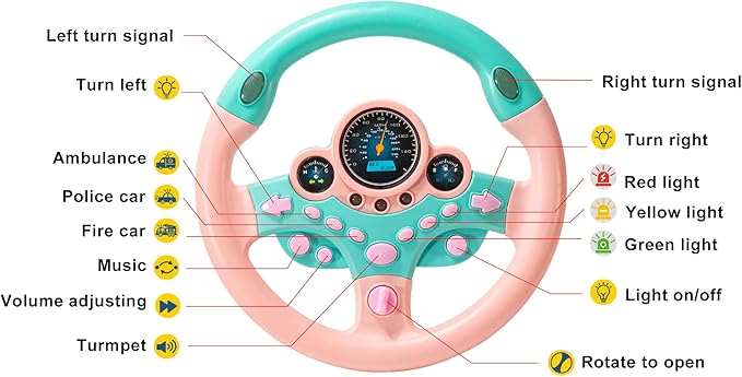 Kids Steering Wheel Toy with Light and Music, Car Backseat Simulated Driving Steering Wheel Gifts Toys (Pink)