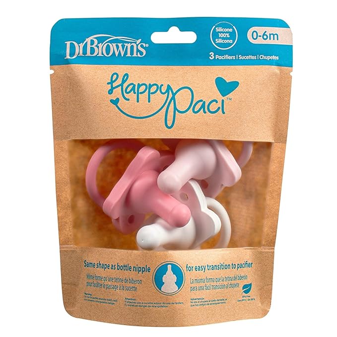 Dr. Brown's HappyPaci 100% Silicone Pacifier 0-6m, BPA Free, White, Pink, Light Pink, 3 Pack and Pacifier and Bottle Wipes, 40 Count