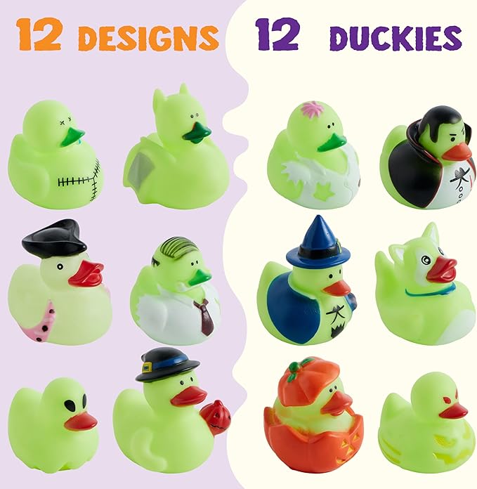 JOYIN 12 PCS Halloween Glow Ducks Bath Toys, Rubber Ducks for School Classroom Prizes, Glow in The Dark Duckies for Trick or Treating Goodie Bag Fillers, Halloween Party Favors Decorations