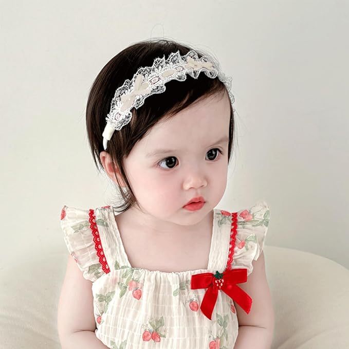 Baby Girls Hairband White Bow Lace Headbands Handmade Soft Stretchy Bowknot Hairbands Newborn Headband with Bows Pearls Elastic Head Band for Newborn Infant(Lace Beige Bow)