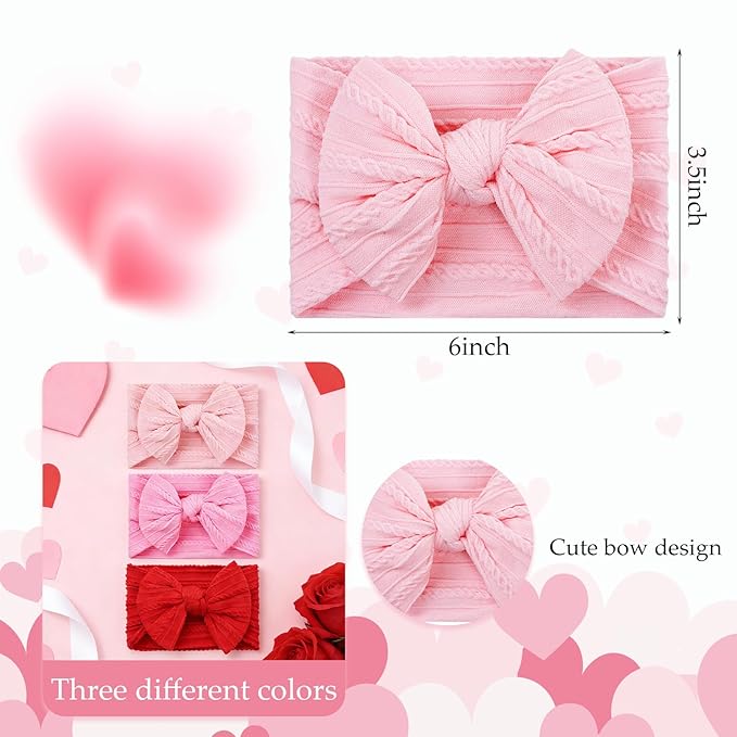 baotongle 3pcs Baby Girls Headbands Soft Stretchy Nylon Hair Bands Hair Accessories with Bows for Newborn Baby Girls Infant Toddlers Kids(Light Pink,Deep Pink,Red, 5.7inches)