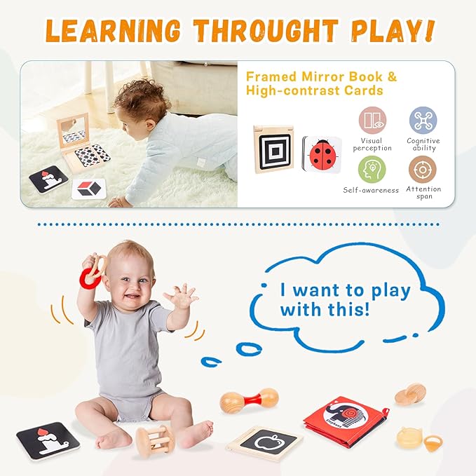 Adena Montessori Play Kit for 3-4 Months Baby,8 in 1 Wooden Learning Educational Toys for Toddler,Include Framed Mirror Book,High-Contrast Cards and More,Christmas Birthday Gift for Boys Girls